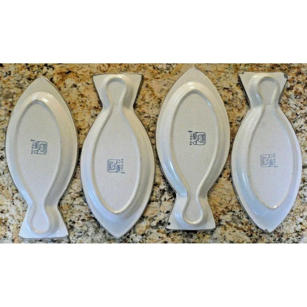Rego Stoneware Set (s) of 4 Fish Shaped Seafood Server Plates Platters Speckled